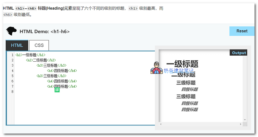 HTML <h1>–<h6> 标题(Heading)元素呈现了六个不同的级别的标题，<h1> 级别最高，而 <h6> 级别最低。